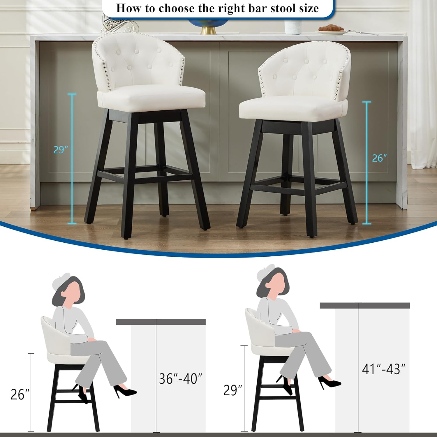 Bar Stools of 2, 26 Inch Upholstered Barstools 360° Swivel, PU Leather with Back, Wood Legs, Modern Design for Kitchen Island, Beige