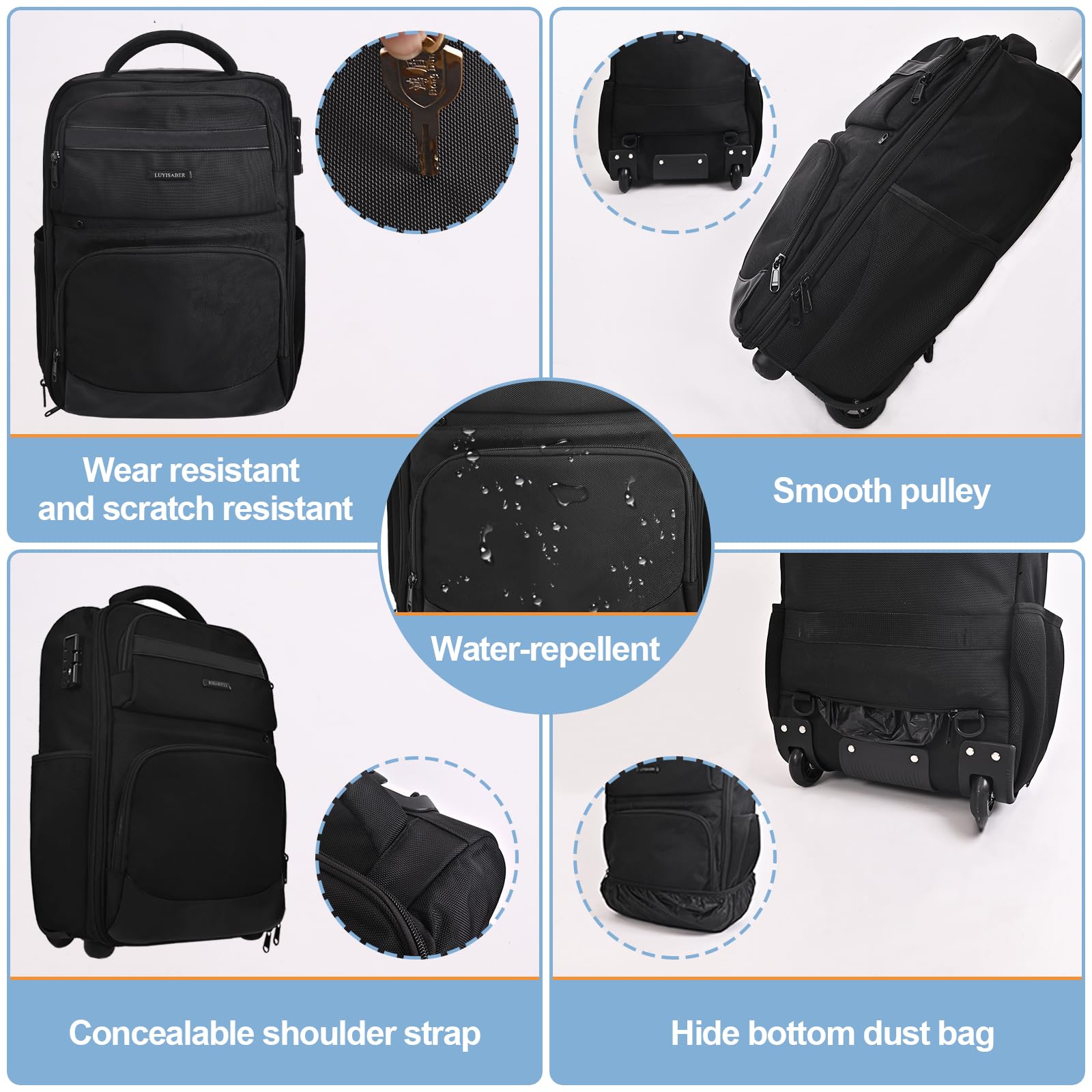 Hivexagon Passwortgeschützter Rollrucksack, 21 Zoll wasserdichter Laptop-Rollrucksack, Handgepäck-Businesstasche, große Kapazität, mehrlagiger Stauraum