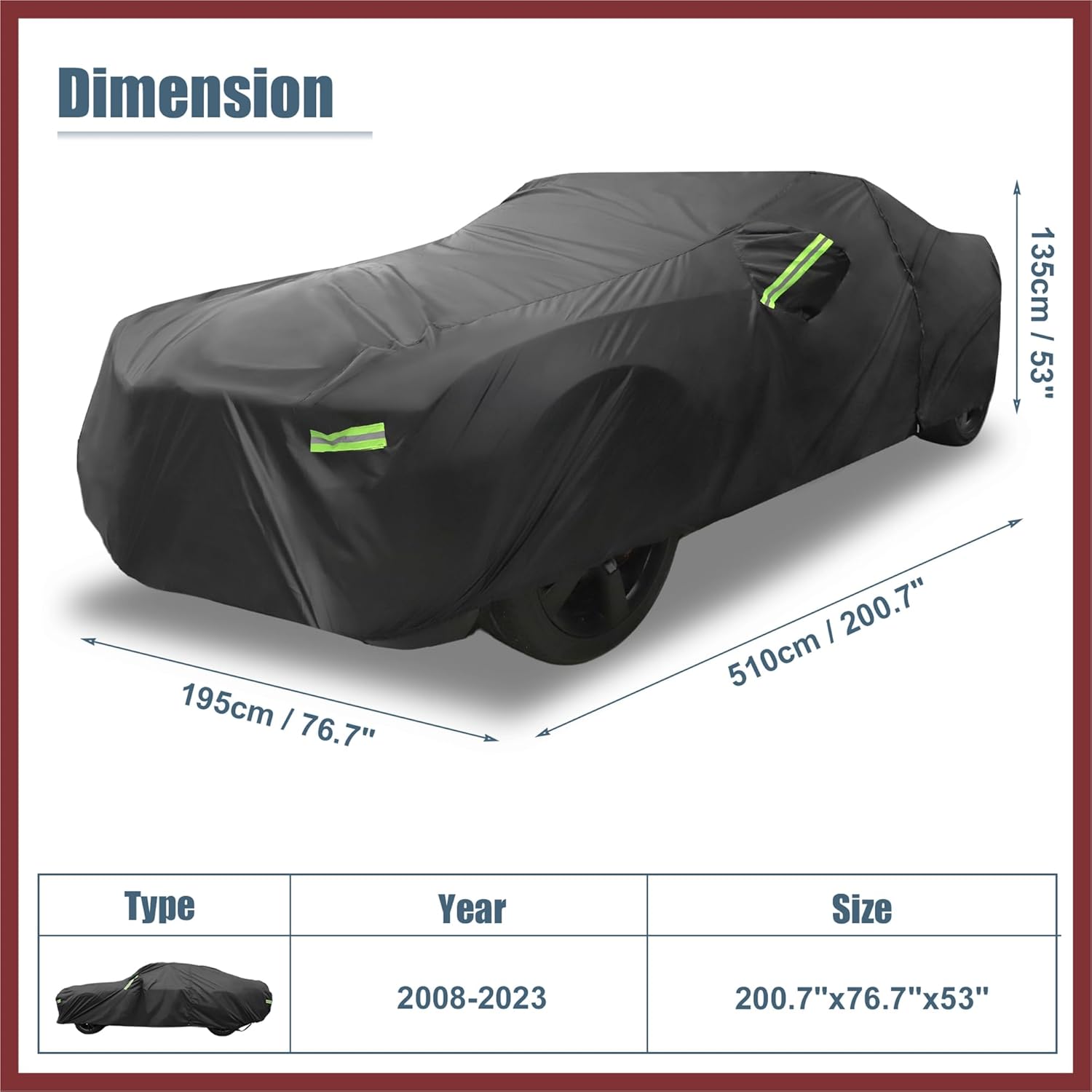Waterproof Car Cover for Dodge Challenger SXT, GT, Hellcat, Scat Pack, SE, R/T, SRT8, T/A 2008-2023 Windproof Rain Sun Protection Outdoor Covers with Zipper Black Replace Parts