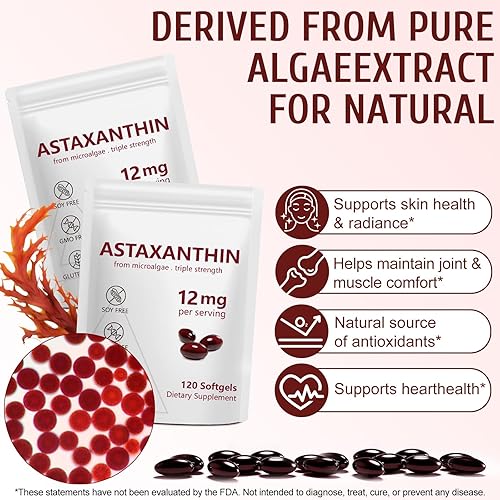 Miniatura 5 de Astaxantina 12 mg, 120 cápsulas blandas, suministro para 4 meses, suplementos antioxidantes de astaxantina premium con actividad antioxidante, apoya