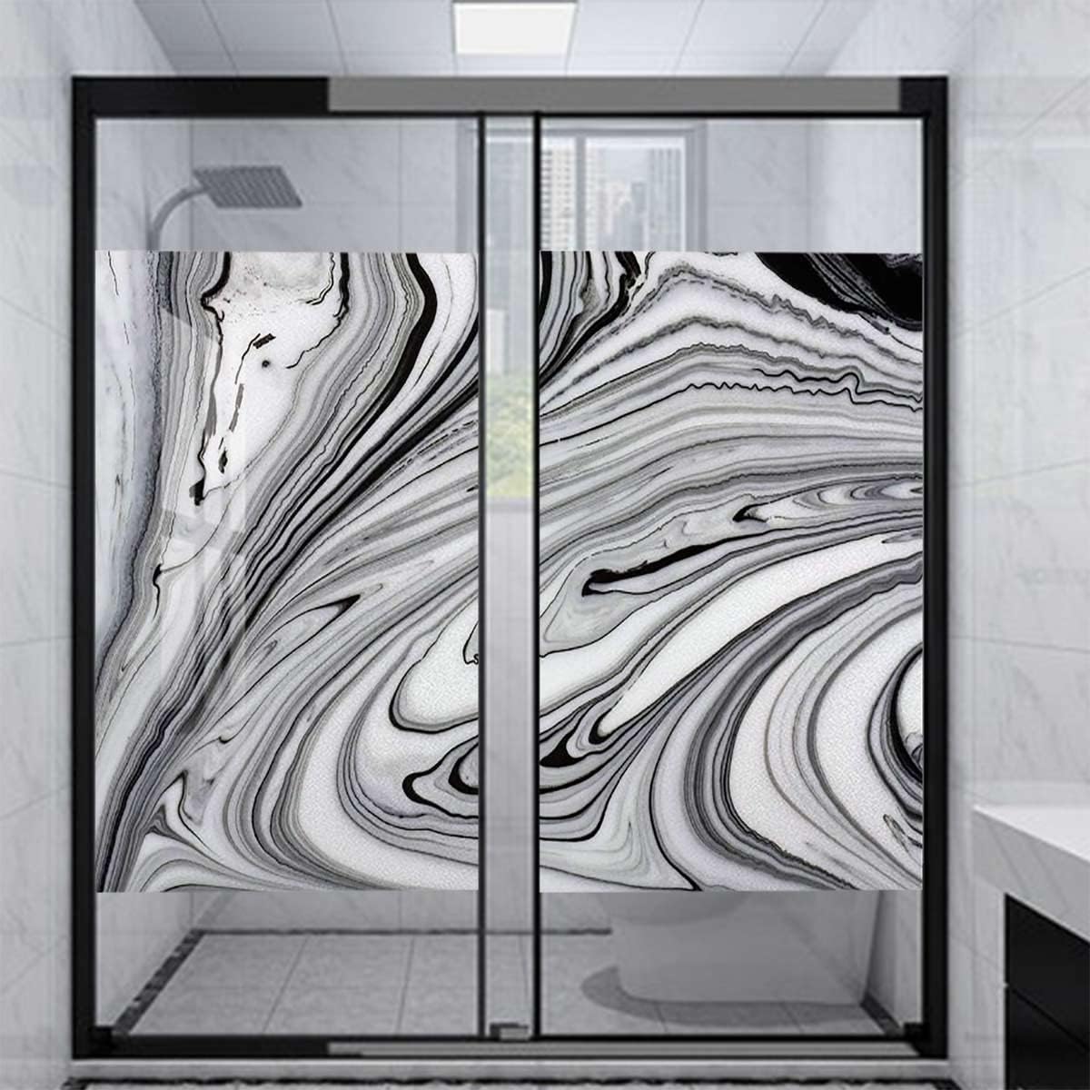 White Grey Static Clung Window Film Frosted Stained Flower Glass Sticker for Privacy Marble Color Formation Wavy Privacy Window Film 35.4Wx55.1L-inch x2 Pcs
