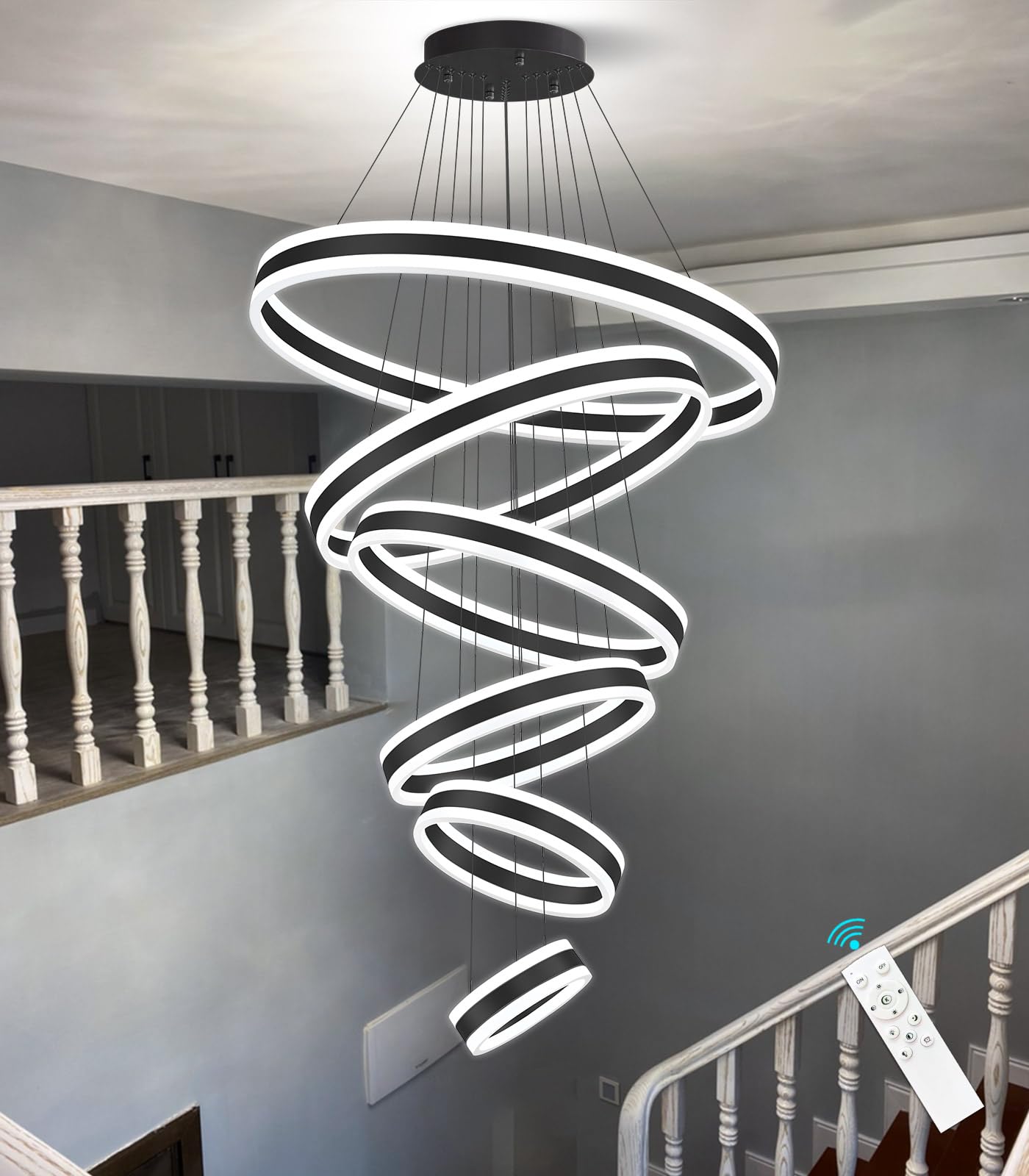 Photo 1 of dolria 6 Rings Modern LED Chandeliers Large High Ceiling Chandelier for Foyer Black Dimmable Long Handing Lighting Fixture for Living Room Entryway Villa Staircase 3000K-6000K