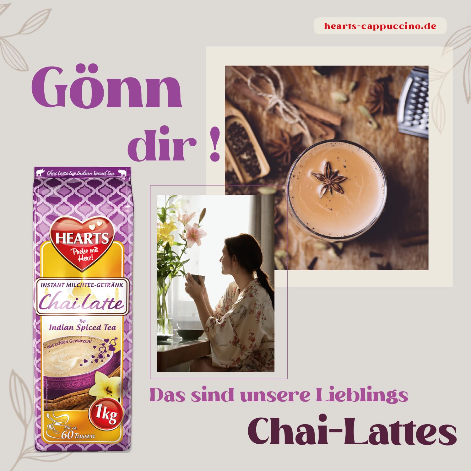 HEARTS Chai Latte 10 x 1kg - Vorteilspack - Instant Milchtee Pulver - Spiced Tea Getränkepulver für Gastro/Zuhause, einfache Zubereitung - reicht für 600 Tassen
