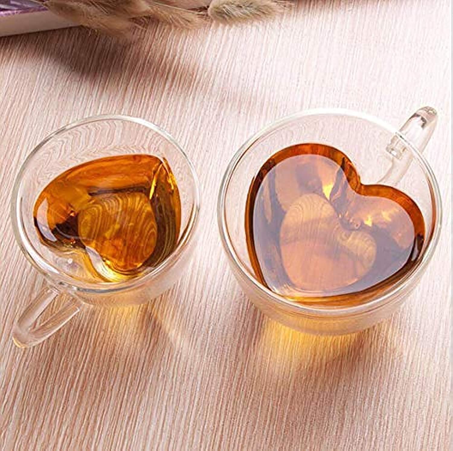 Lushh Double Walled Insulated Heart Shape Glass Coffe or Tea Cups, Perfect for everyday use, 180 ML 2 Pcs Set - clear