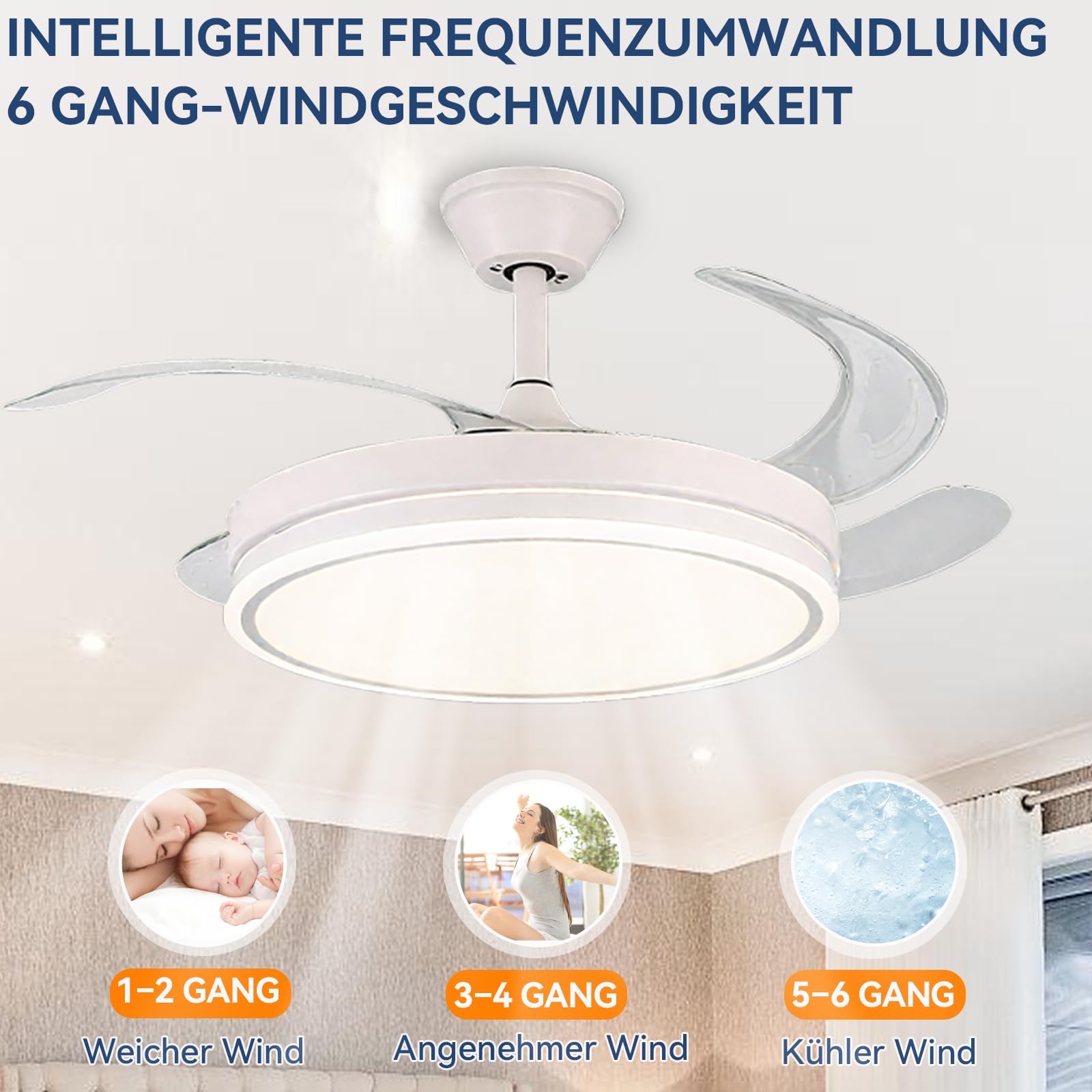 Warmfay Deckenventilator mit Beleuchtung, 108CM Ventilatorlicht Einziehbaren Flügeln, Leiser LED Deckenventilator, 3 Farbtemperaturen, Dimmbar, Reversible DC Motor, Timer, 6 Geschwindigkeiten, Weiß