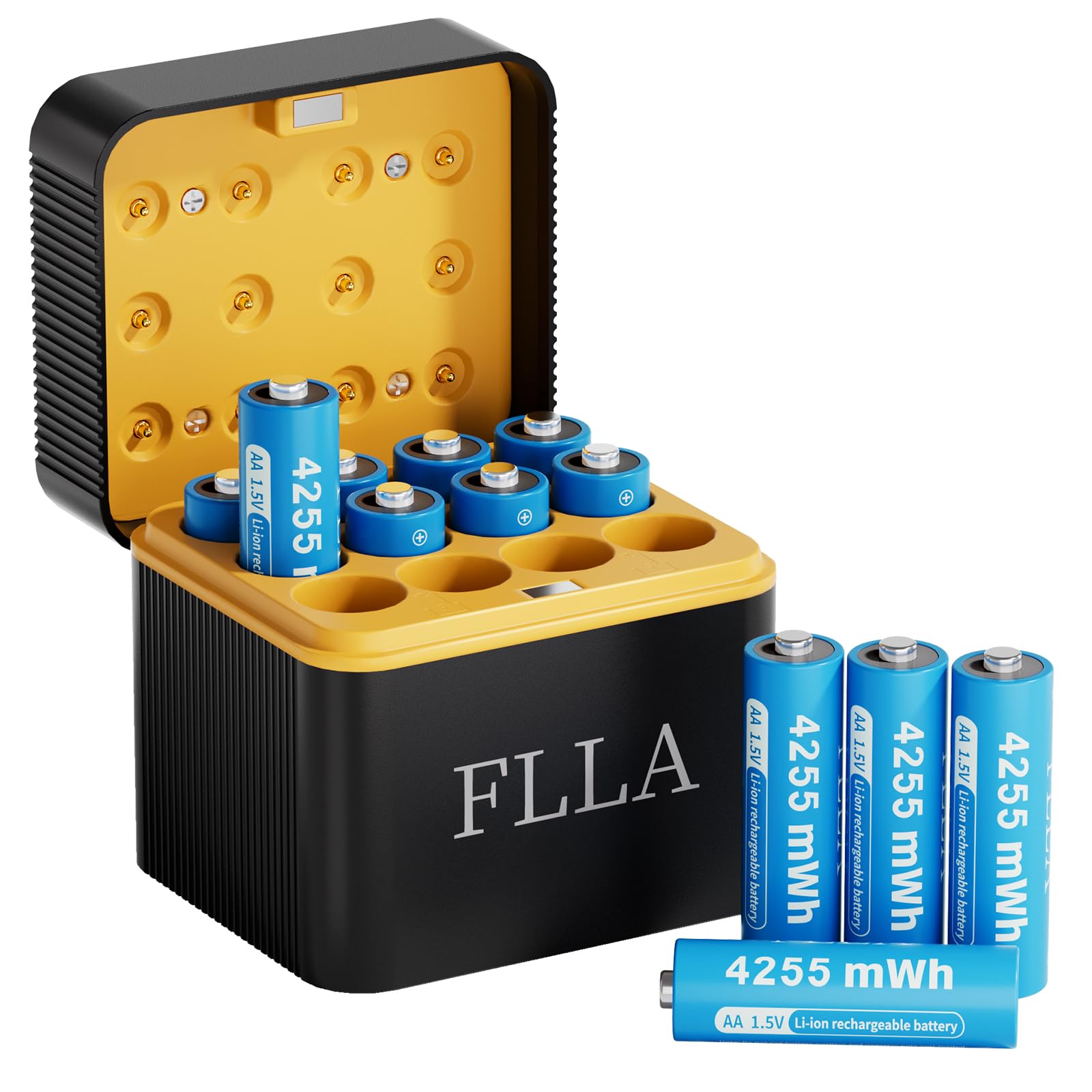 FLLA Baterías de litio AA recargables de 12 ranuras de 4255 mWh 1.5 V con cargador rápido USB-C y caja de almacenamiento, salida constante, más de 2000 ciclos para cámaras de timbre, controladores de