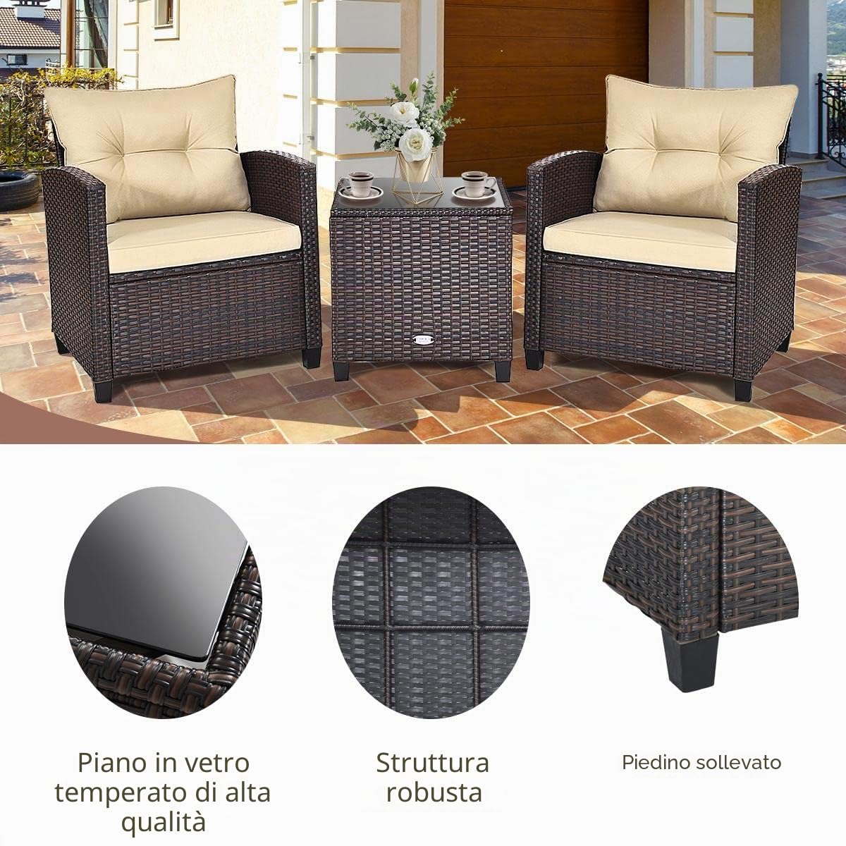 KOMFOTTEU Mobili da balcone, set da giardino in rattan con tavolino e 2 sedie, tavolo da balcone con piano in vetro, set da 3 mobili da giardino per terrazza, balcone (marrone e giallo terra)