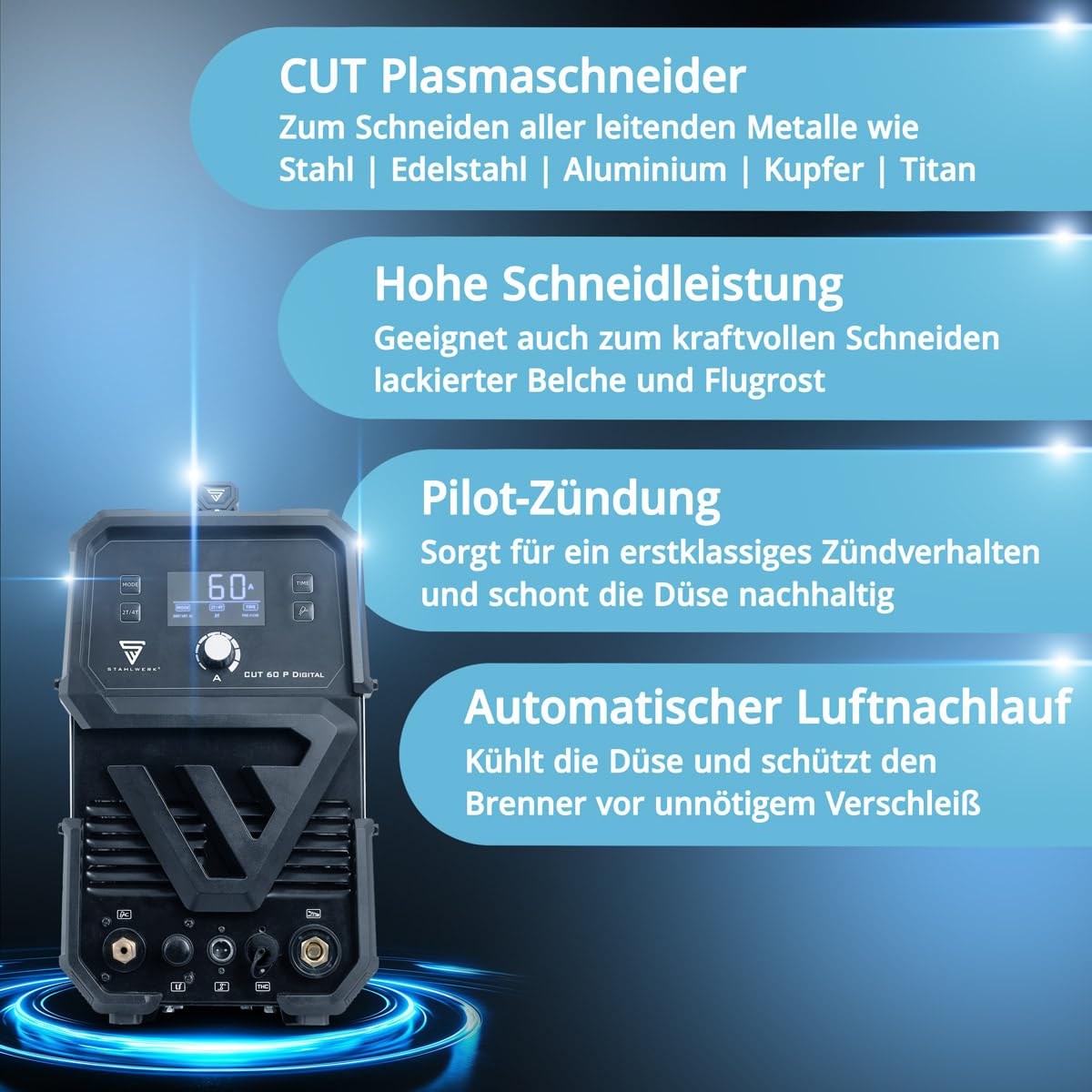 STAHLWERK Plasmaschneider CUT 60 P Digital – Plasmaschneidgerät mit 60 A, Schneidleistung bis 20 mm, Inverter Plasma Cutter mit HF-Pilotzündung, THC-Schnittstelle für CNC-Höhenregelung