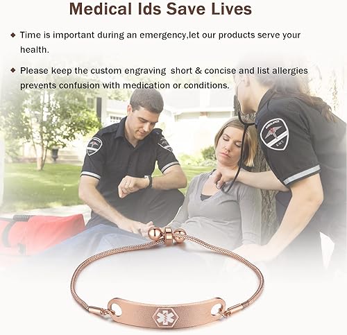 Miniatura 4 de Pulseras de alerta médica para mujer, pulseras de identificación de emergencia ajustables con grabado gratuito, pulseras médicas personalizadas para