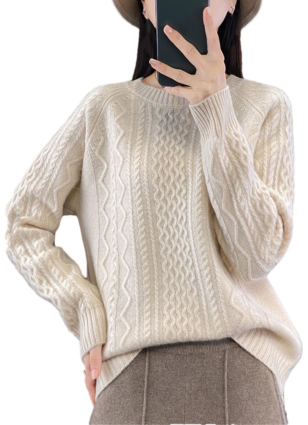 Damen Strickpullover aus Wolle, Rundhalsausschnitt, einfarbig, gedrehte Streifen