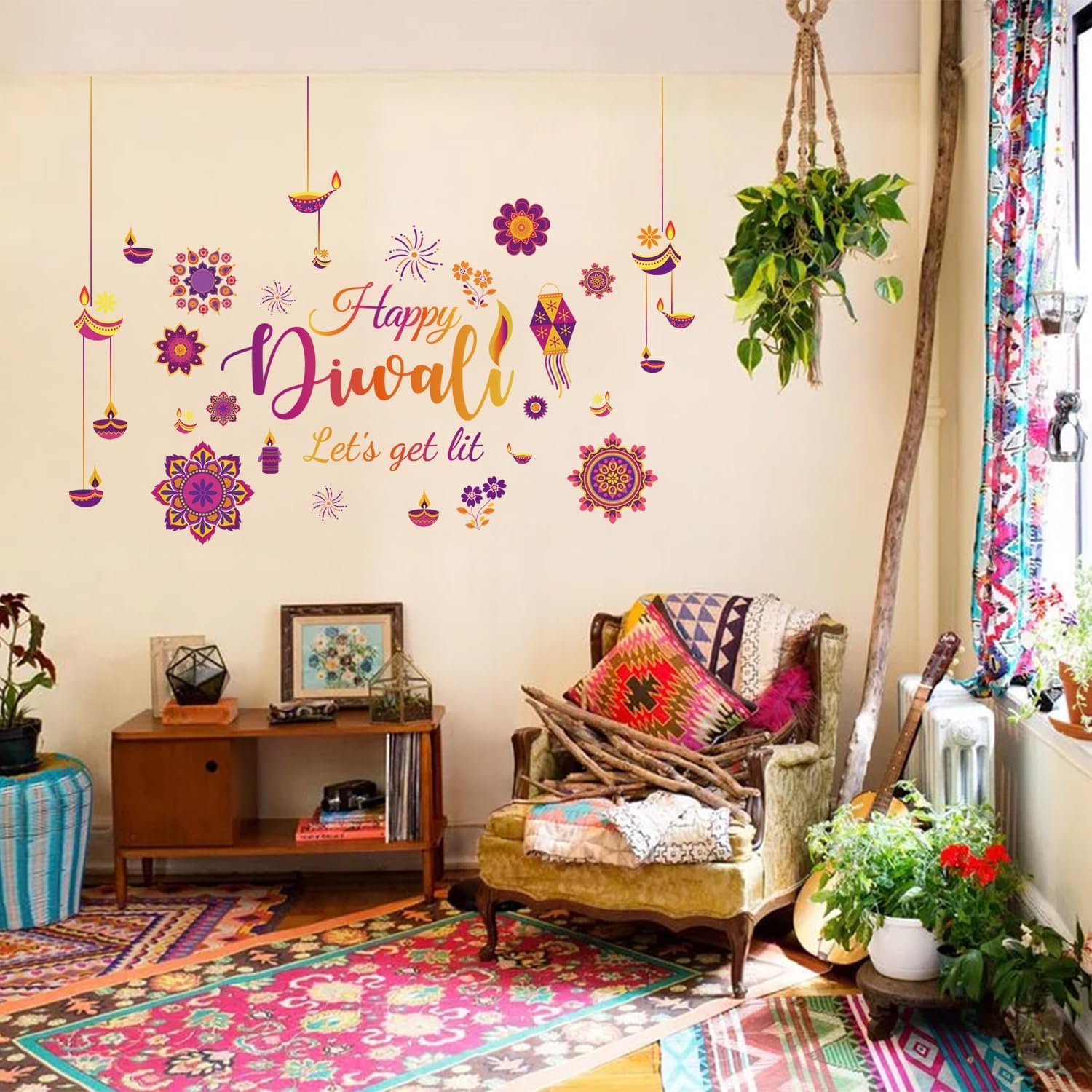 HPNIUB Happy Diwali Wall Stickers Peel and Stick(90*30cm) Let’s Get Lit Diwali Window Clings Double Sided,Multicolor Indian Festival of Light Wall Decal,Diyas Party Decoration Supplies for Living Room - Image 4