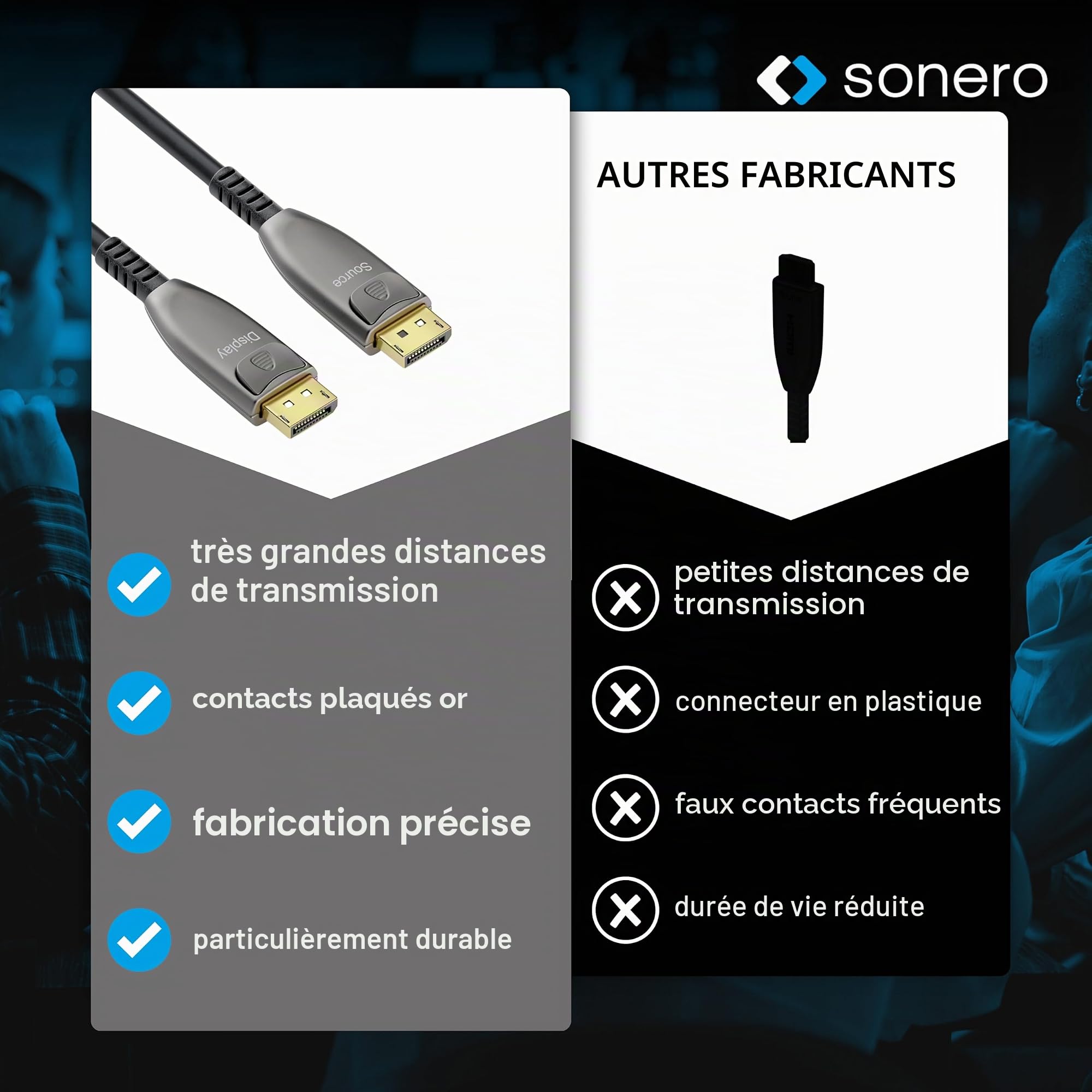 Sonero® Câble 8K-DisplayPort 1.4, câble hybride fibre optique, résolution jusqu'à 8K 60 Hz (7680 x 4320) / 4K 120Hz (3840 × 2160), prise en charge HDR et DSC, anthracite, 10 mètres