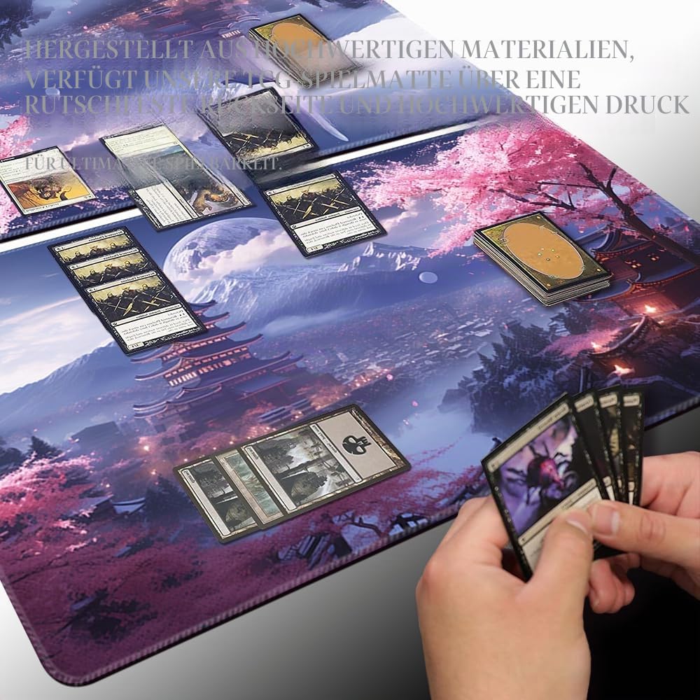 MTG Playmat – rutschfeste Rückseite, ideal für Kartenspiel-Enthusiasten, TCG-Spielmatte (Cherry Blossom Rain-No Deck)