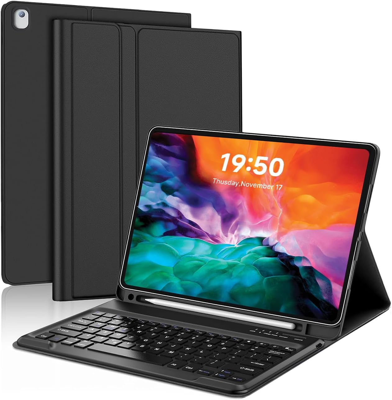 for iPad Pro 12.9 inch Detachable Keyboard Case - Rechargeable Smart Folio Cover with Pencil Holder for 1st & 2nd Generation (2015/2017), Wireless Bluetooth Typing for Work and Study, Black