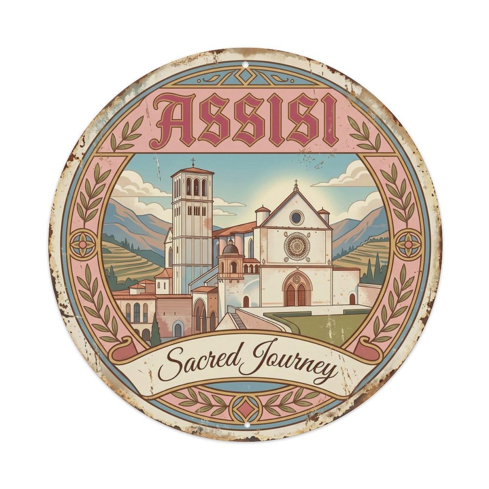 Vintage Travel Assisi Basilica Italy Metal Tin Sign Plaque Wall Decor for Cafe, Club, Garden Round Metal Poster 8x8Inch