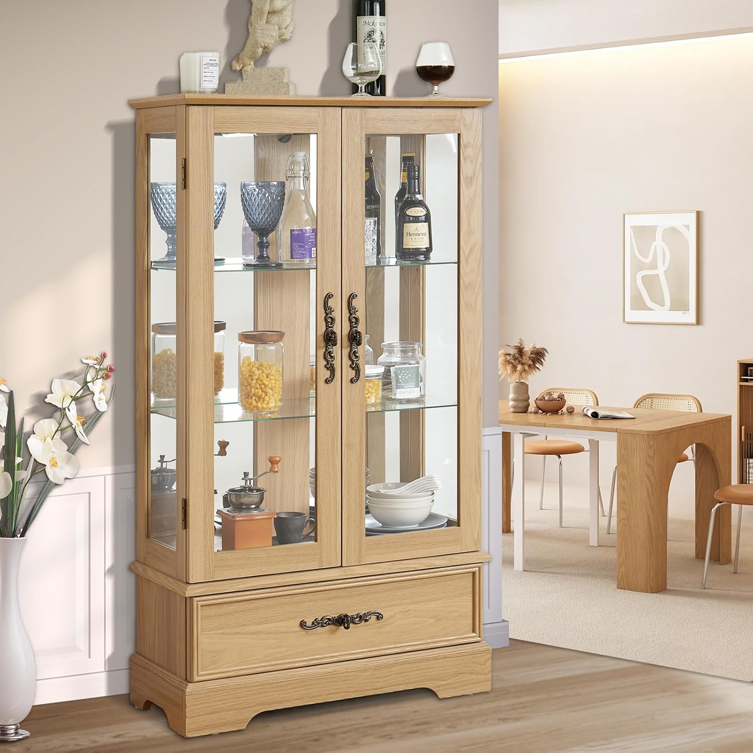 Curio Cabinet with Lighted(Light Blub Included),Tall Leg Glass Door Antique Cabinet,47"Curio Display Cabinet with 3-Tier Adjustable Glass Shelves,Curio Display Cabinet for Living Room (Light Oak)