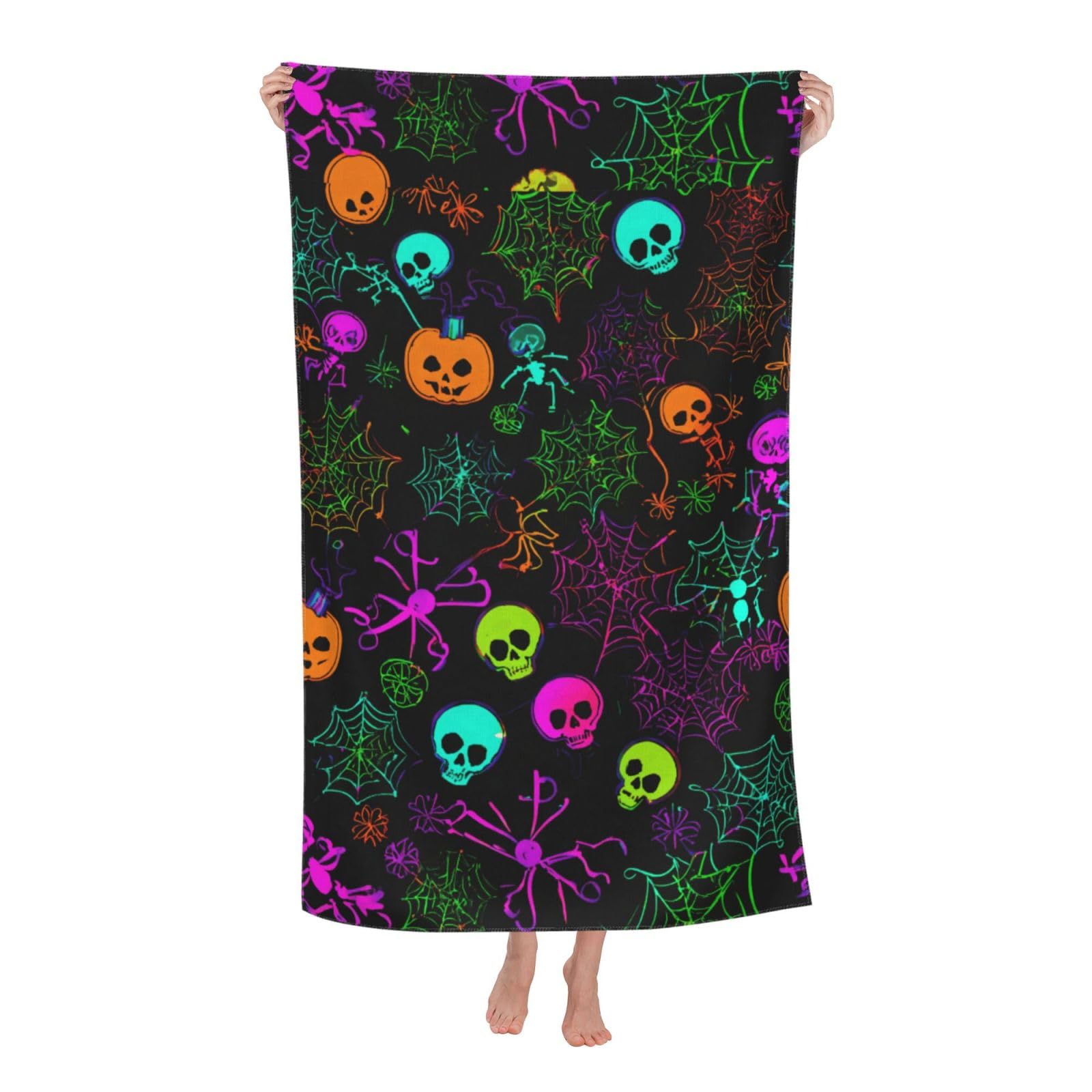 Pojknbv White Halloween Skull Print Oversized Adult Beach Towel Quick-Dry Comfortable Lightweight Travel Pool Camping