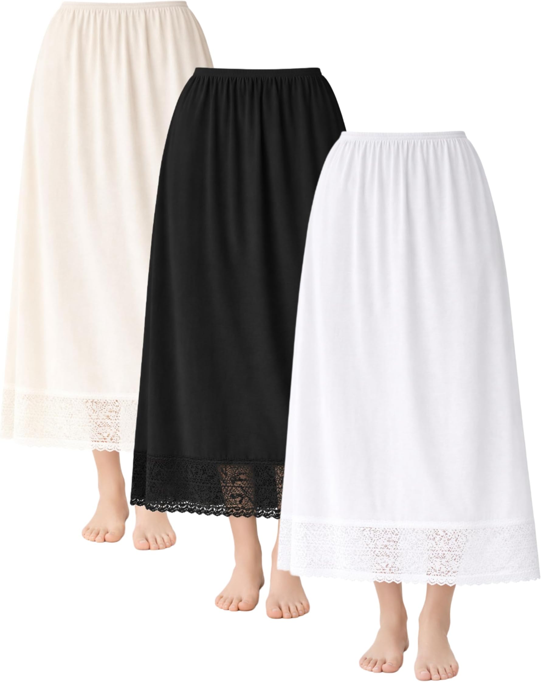 3- Pieces Full Length Soft inner Skirt Silk 100% with Elasticised Waistband Big Lace Women