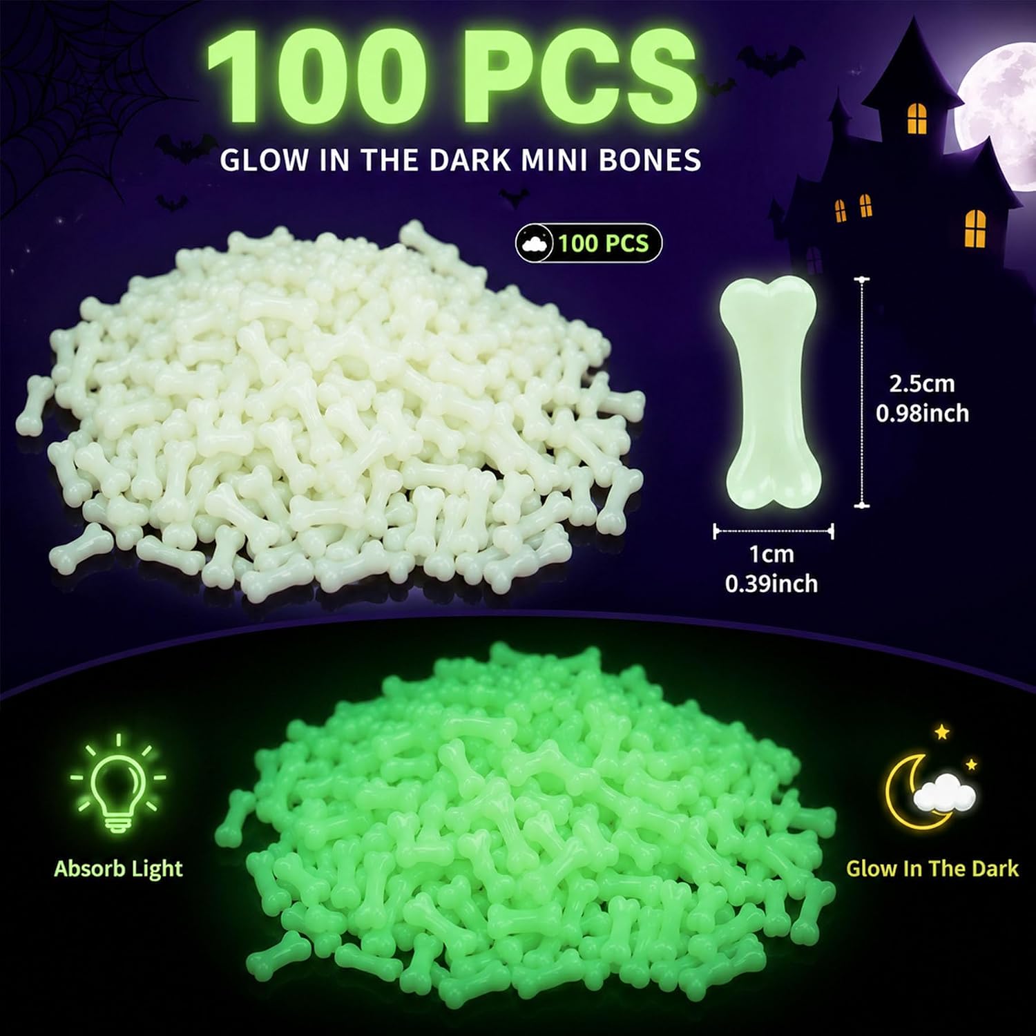 Crazy Night Glow in the Dark 1 Inch Mini Bones, 100 Pcs Halloween Spooky Graveyard Decor and Vase Filler.