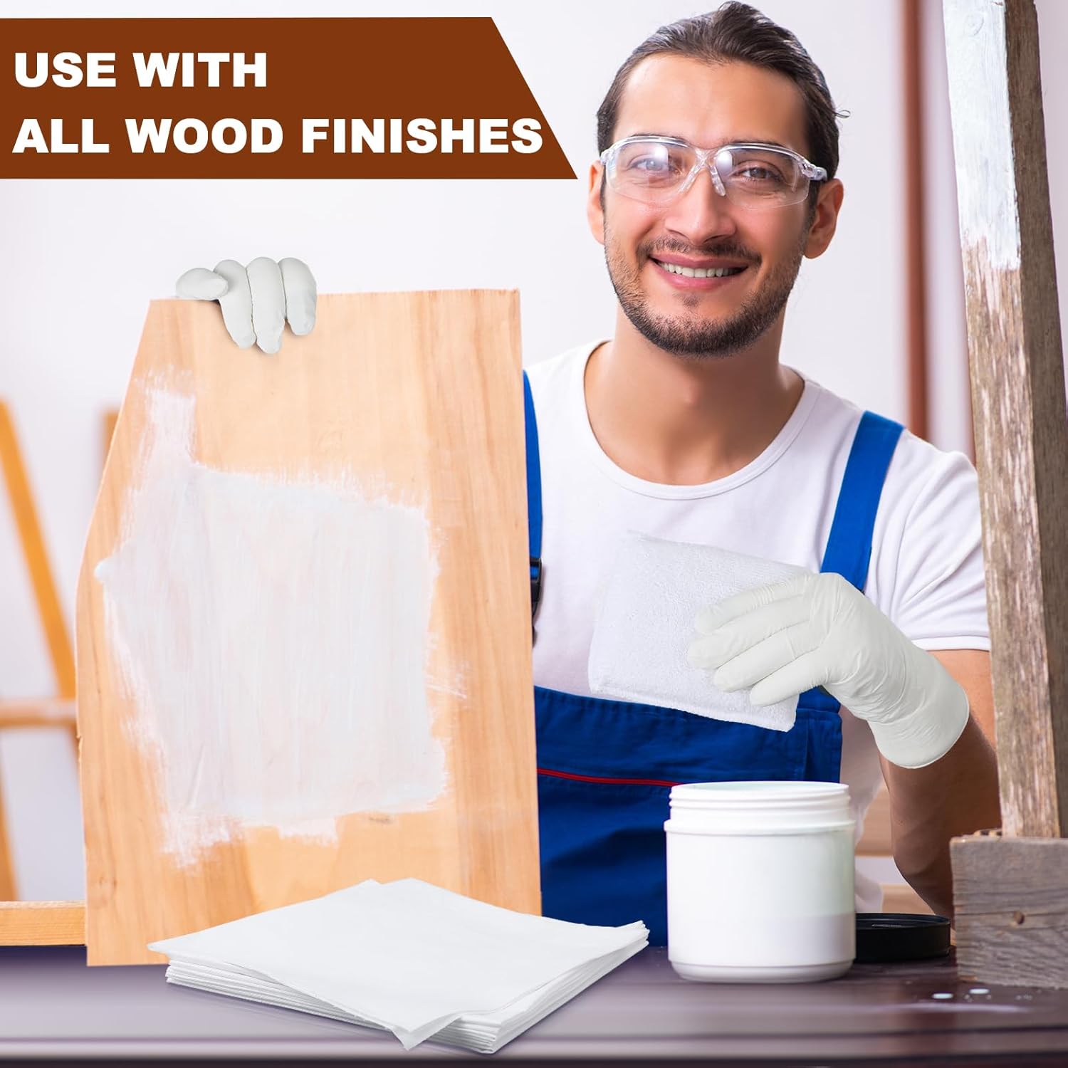 60 Pcs Wood Staining Applicator Kit Include Microfiber Sponge Applicator Pads Cotton Lint Free Cloth Disposable Nitrile Gloves for Wood Stain and Oil Based Finishes