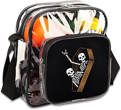 bisibuy Skeleton In Coffin On Black Background Clear Crossbody Bag Clear Messenger Bag Shoulder Bags Clear Purse Stadium Approved for Concerts Sports Events Work Travel