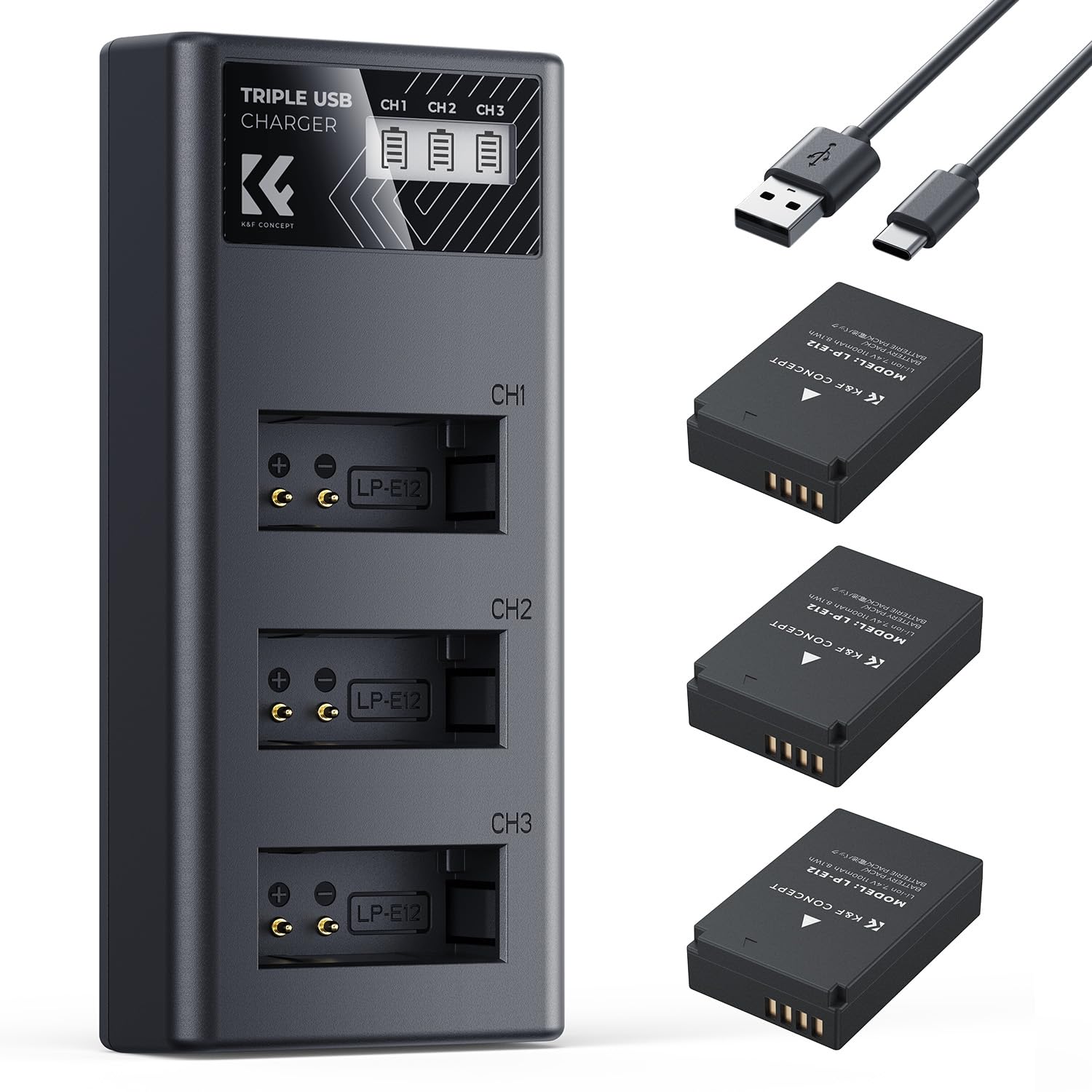 K&F CONCEPT LP-E12 Battery 3-Pack and Upgraded LCD EOS M50 Battery Charger Compatible with Canon M50, M50 Mark II, M, M2, M10, M100, M200, Rebel S1,