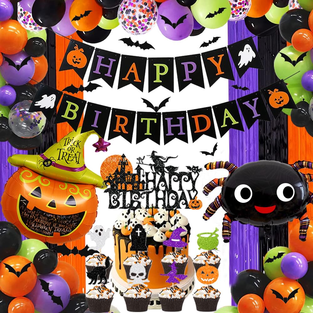 Halloween Birthday Party Decorations Include happy birthday halloween banner halloween balloons Halloween Birthday Cake Topper halloween fringe curtain for Halloween Birthday Party Supplies
