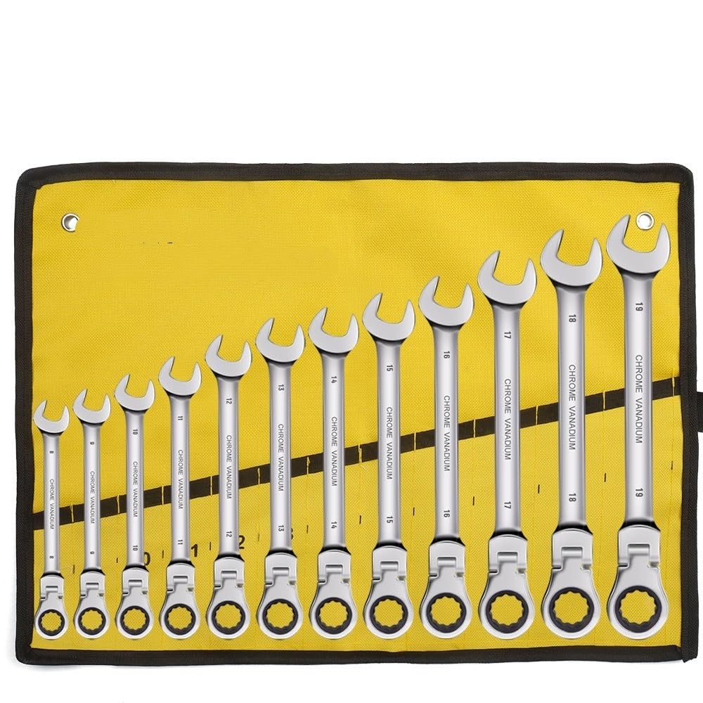 MaulschlüSsel Set Ratschenschlüsselsatz mit flexiblem Kopf, Ratschenschlüssel aus Chrom-Vanadium-Stahl, Ringmaulschlüsselsatz mit Leinentasche SchraubenschlüSsel Set (Color : 12 pcs(8-19mm) Y)