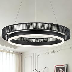 Black Ring Chandelier 24 Dimmable Modern LED Chandeliers Wicker Woven Round Foyer Chandelier Light with Remote Control Farmhouse