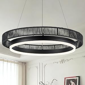 Black Ring Chandelier 24 Dimmable Modern LED Chandeliers Wicker Woven Round Foyer Chandelier Light with Remote Control Farmhouse