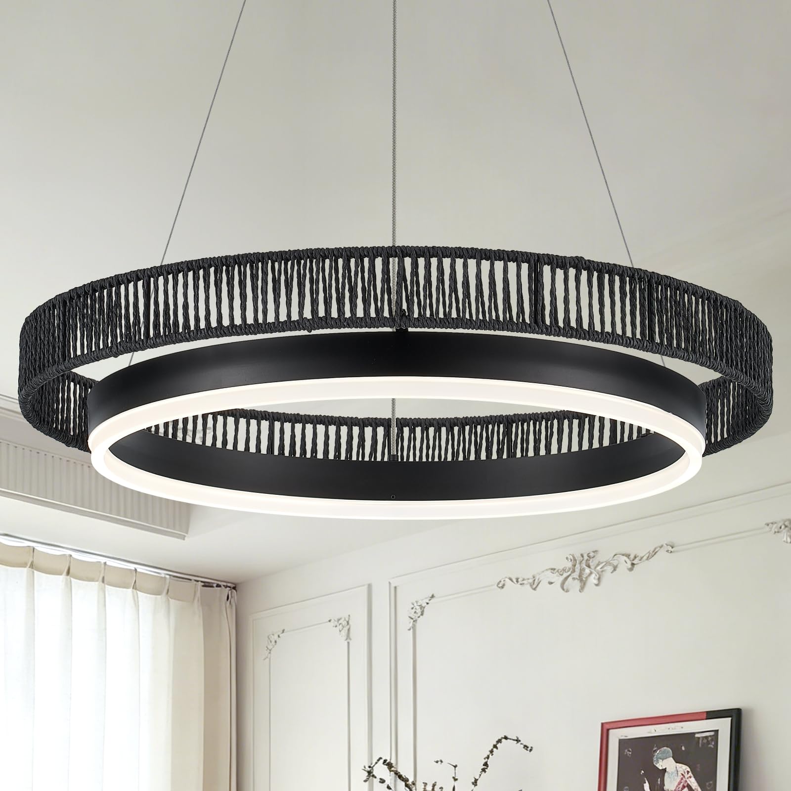 Black Ring Chandelier 24 Dimmable Modern LED Chandeliers Wicker Woven Round Foyer Chandelier Light with Remote Control Farmhouse