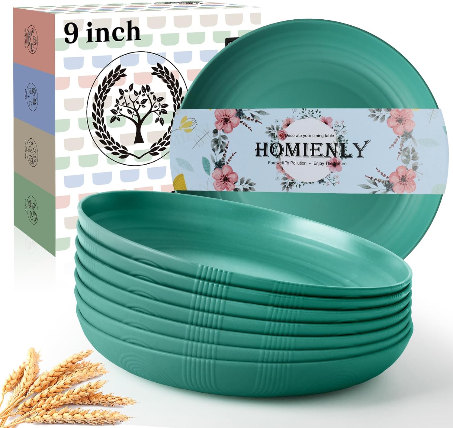 Homienly Wheat Straw Plates Set, Unbreakable Deep Dinner Plates, 9 inch Alternative to Plastic Plates for Kitchen, Kids, Camping, Microwave and Dishwasher Safe Plate for Salad, Dessert – Green