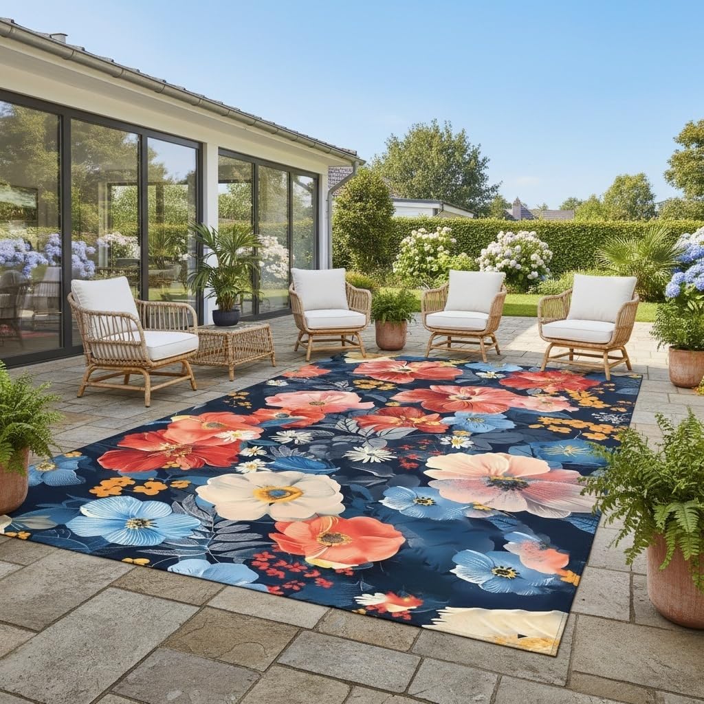 Vintage Floral 5x7 Outdoor Area Rug Country Rustic Navy Blue Red Pink Flower Pattern Outdoor Rug for Garden Backyard Balcony Patio Deck Washable Quick Dry Thin Carpet Waterproof Picnic Camping Mat