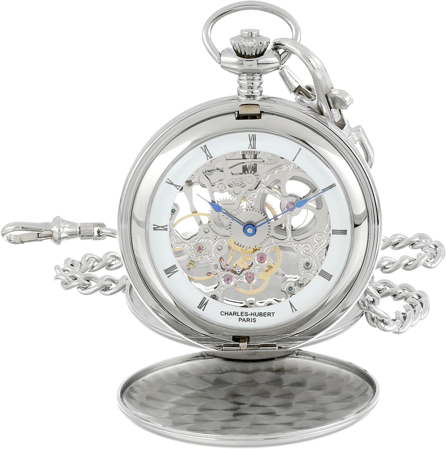 Charles Hubert 3780-W Men's Pocket Watch, Mechanical Hand Winding, Skeleton, Silver
