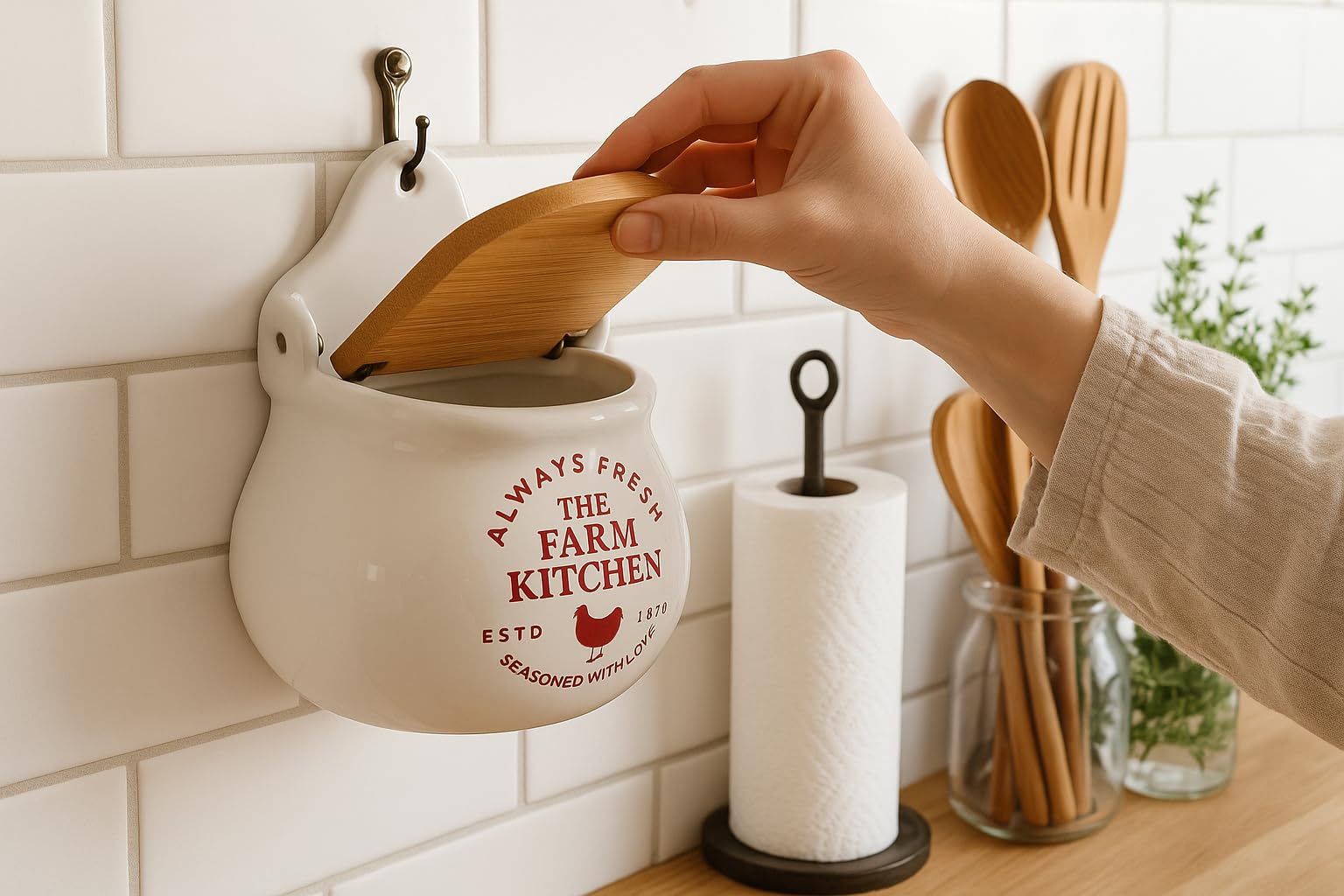 Saliera in ceramica bianca con coperchio in legno, 12 cm, barattolo per sale e spezie per la cucina e il riposo a parete
