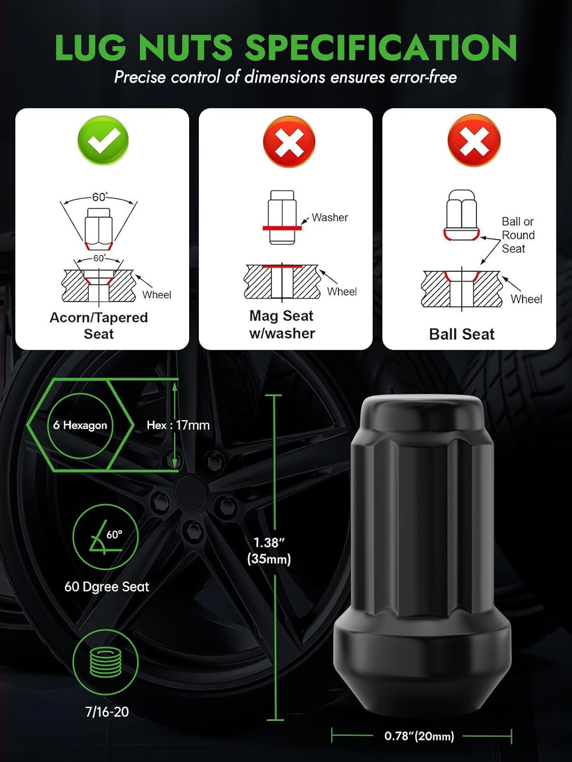 AUTOPTIM 7/16-20 Spline Lug Nuts - Replacement for 1964-1983 Chevy Malibu, 1967-1981 Camaro, 1969-1972 Blazer, 1958-1970 Impala, Black 20pc 6 Point Closed End Short Nuts with 1 Socket Key