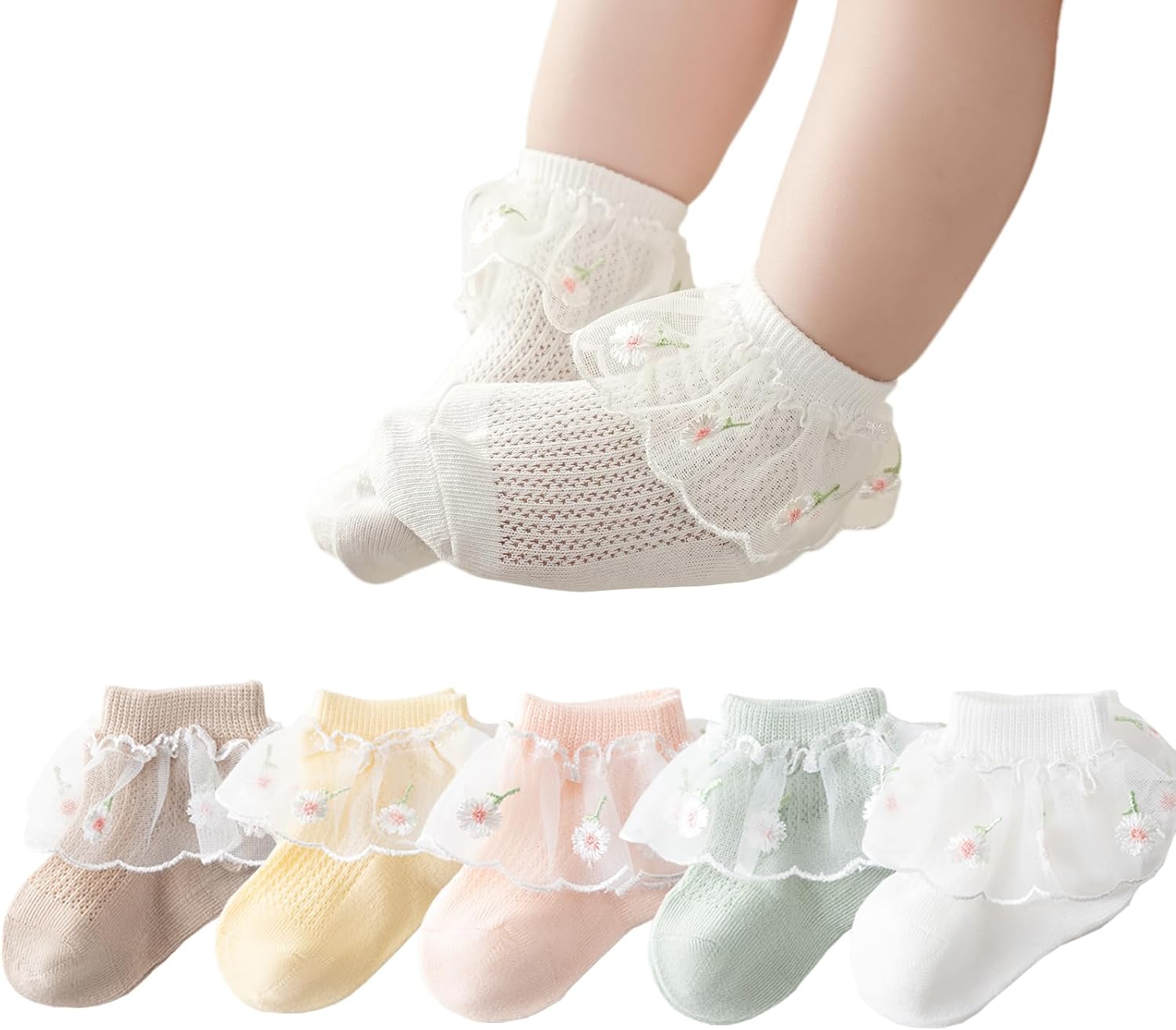 Meeshine Baby Girls Lace Socks Toddler Frilly Ruffle Ankle Solid Cotton Summer Mesh Dress Socks for Newborn/Infant/0-5T