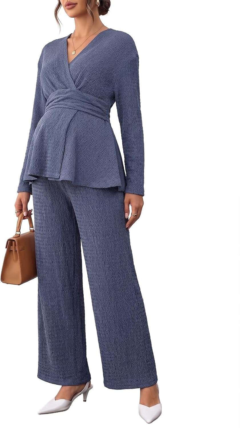BLENCOT Maternity 2 Piece Outfits Wrap V Neck Long Sleeve Sets