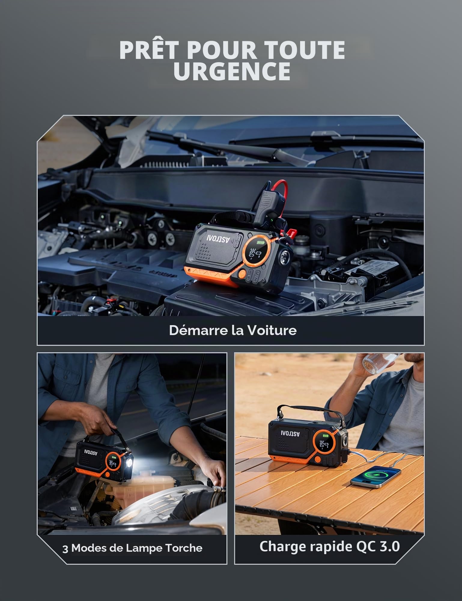 AstroAI Booster Batterie Voiture 8000A, Démarreur Batterie Voiture Portable avec Compresseur à Air 150PSI 12V(Tout Essence/12L Diesel) Pinces de Sécurité Intelligentes, LED Démarrer Rapidement & QC3.0