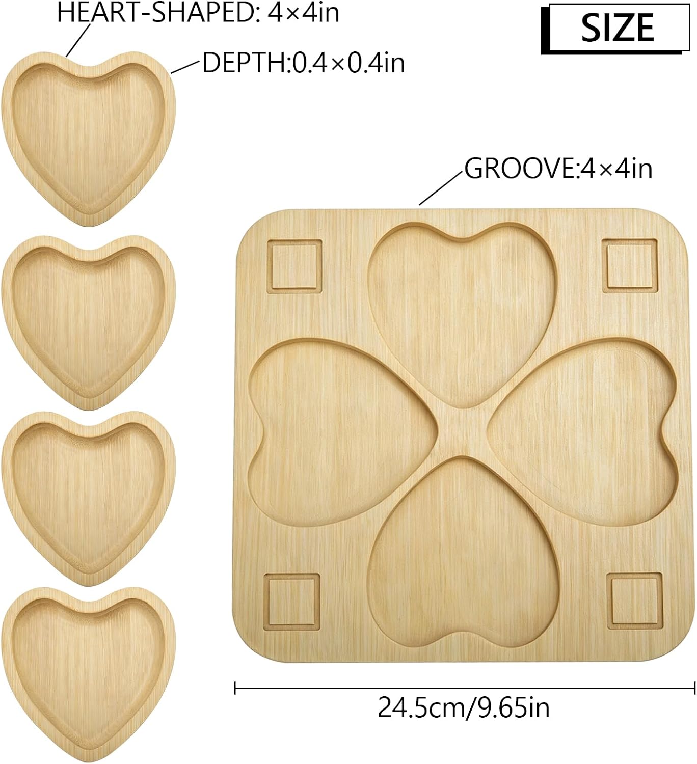 Bamboo Divided Serving Platter, Detachable Heart‑Shape Compartment Tray, 4‑Grid Decorative Wooden Snack Tray for Fruit Dessert Charcuterie, Valentine’s Day Party Table Decor