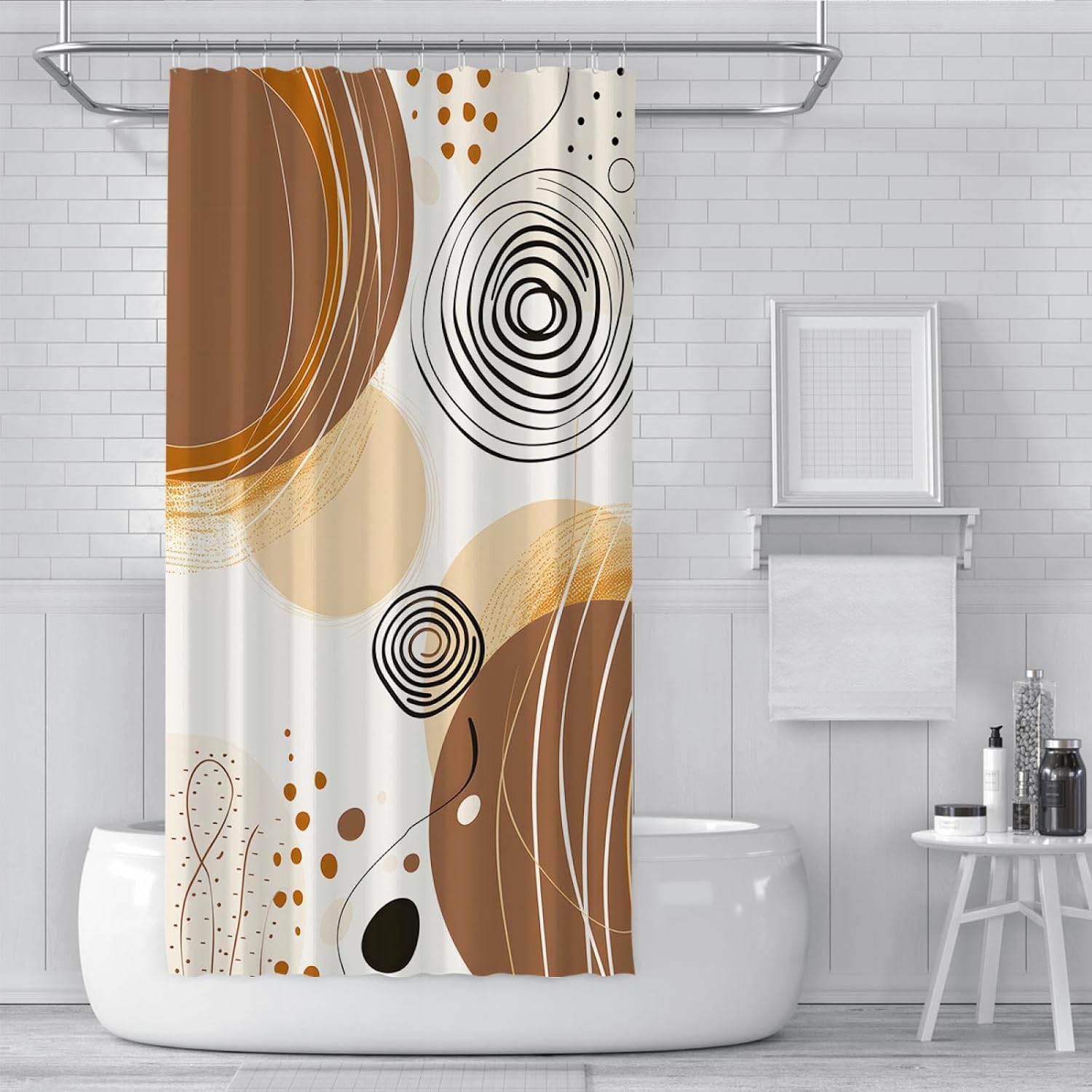 White Shower Curtain for Bathroom Abstract coils Shower Curtain Liner Aesthetic Decor Brown Blocks Shower Curtain Set with Hooks W72 x L78(in)
