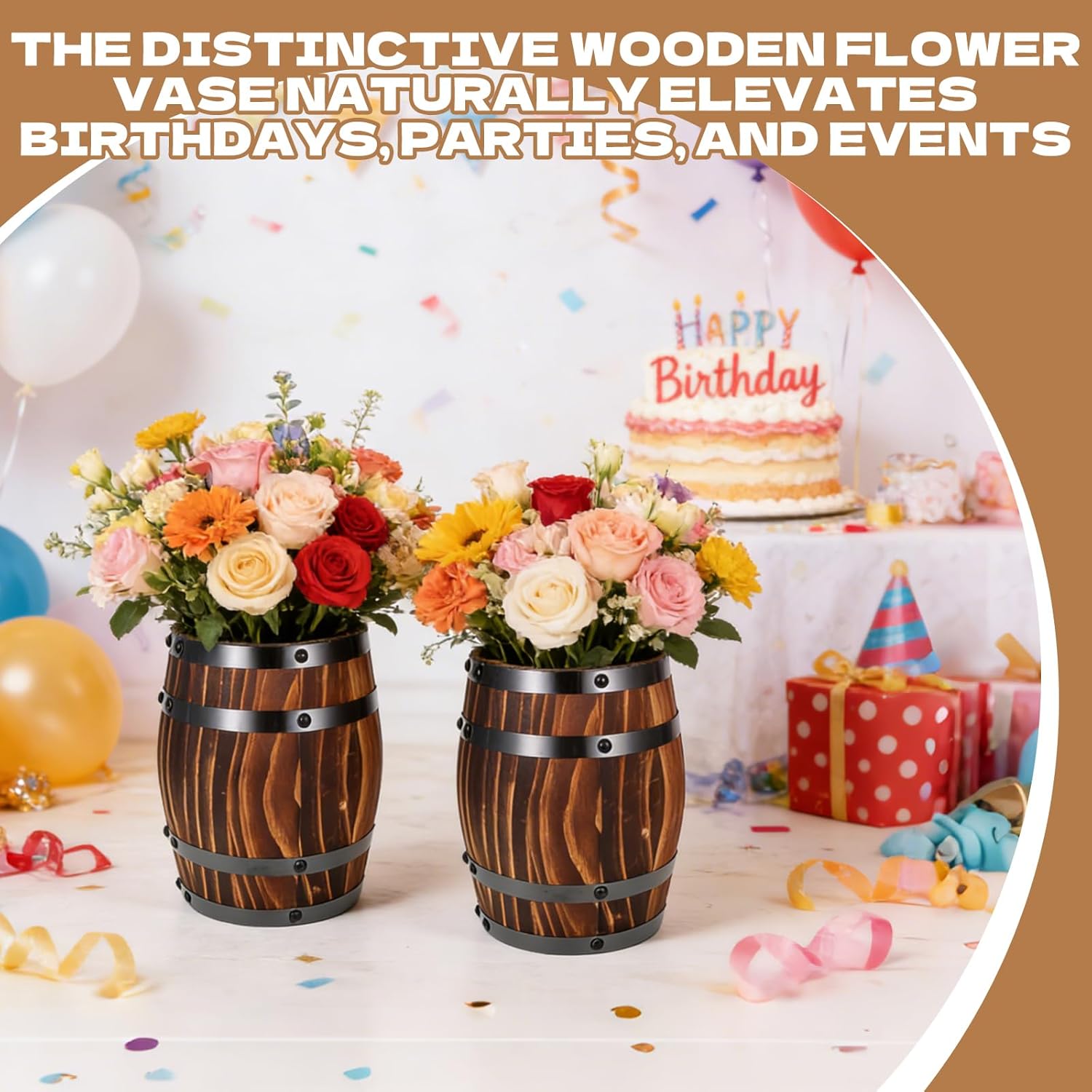 2 Pcs Wood Wine Barrel Vase Set Wooden Flower Planters Rustic Barrel Flower Vase Container for Home Indoor Outdoor Garden Kitchen Wedding Reception Party Table Decoration