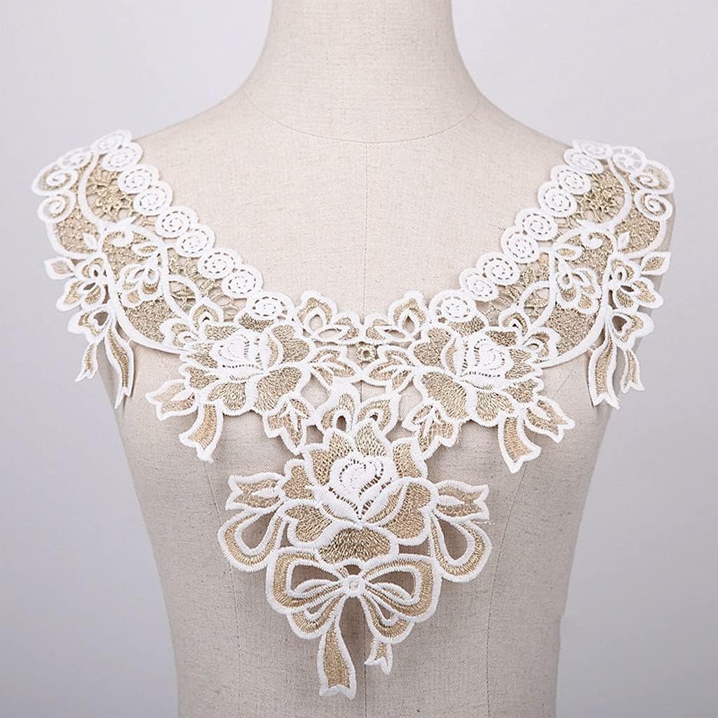 1Pc Gold White Lace Fabric Flower Lace Neckline Collar Embroidery Lace Trimming DIY Applique Sewing Lace Fabric (Color : C) (B)