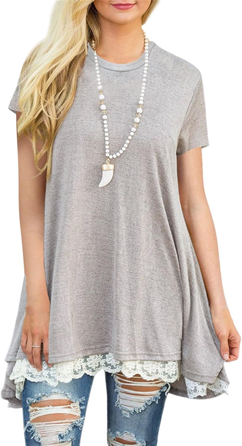Women's Lace Splicing Short Sleeve Tunic Shirts Long Blouse Tops XL Light Grey