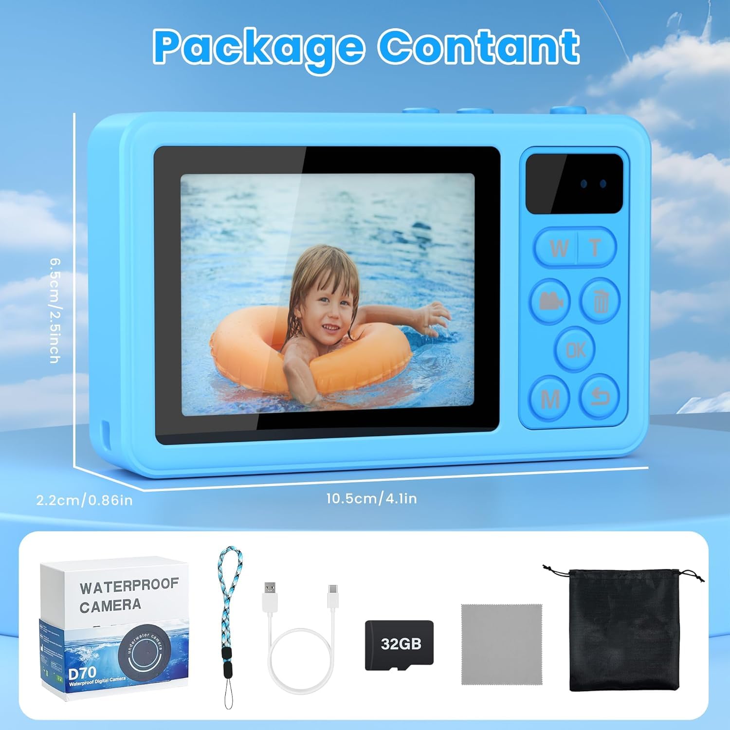 Appareil photo numérique étanche 3 m, caméra vidéo 4K tuba, cadeau Noël, anniversaire, piscine, caméra action 32 Go