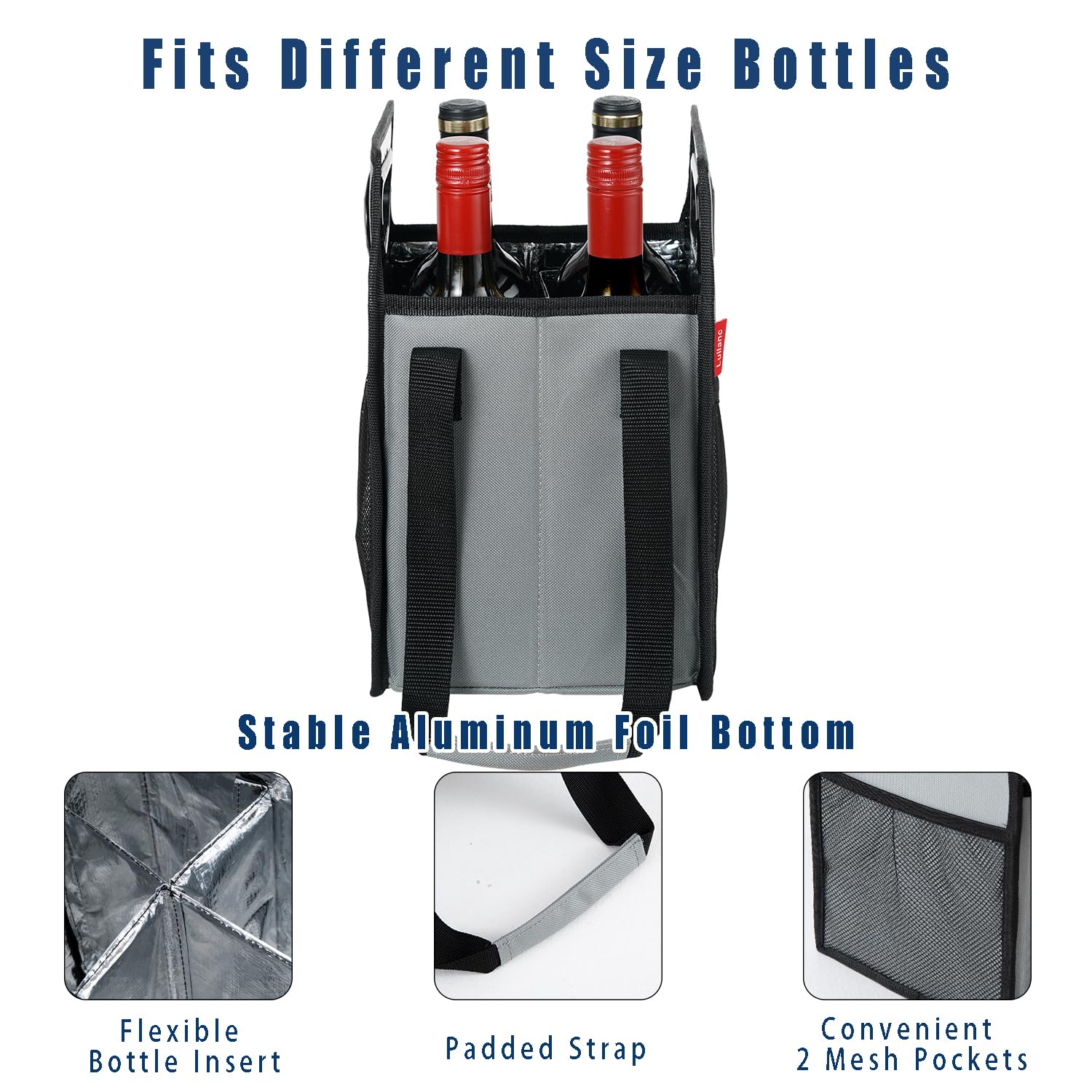 Portabotellas plegable reutilizable con correa para 6 botellas (gris, 4 botellas)