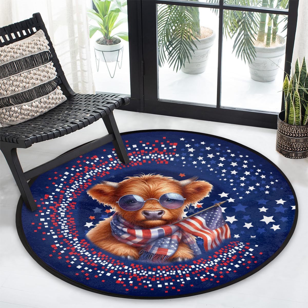 Round Rug 3ft Independence Day Cattle Indoor Circle Area Circle Rugs Washable Non-Slip Bedside Indoor Doormat for Living Room Bedroom Playroom Nursery Room Decor Carpet Mat Splat Mat for High Chair