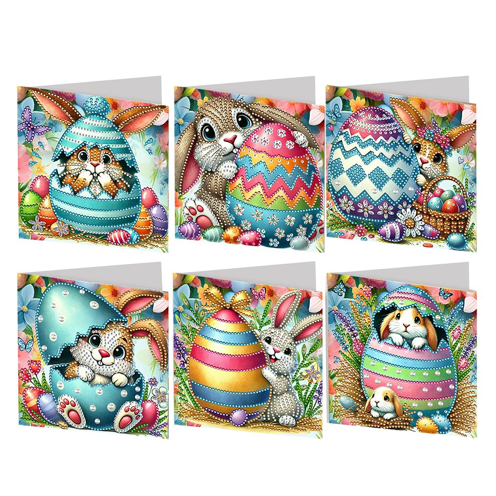 SPEPROECO Easter Diamond Painting Card Making Kits for Adults, 6pcs Easter Diamond Art Cards DIY Handmade Diamond Painting Greeting Egg Bunny Card with Envelope 5d Gem Rabbit Painting Greeting Card