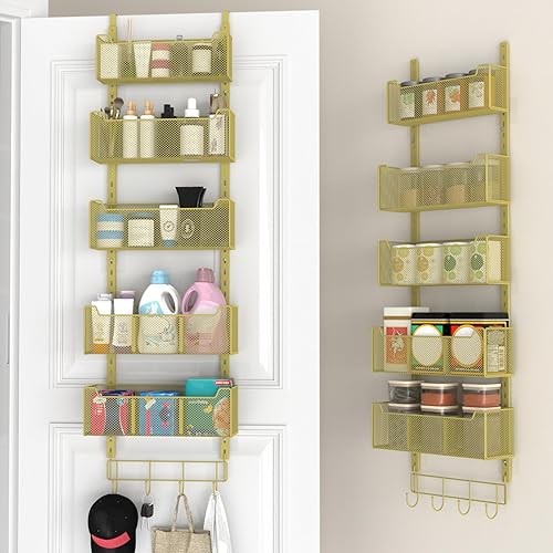 Miniatura 10 de Organizador Sobre la Puerta, Organizador de Puerta de Metal Colgante con 5 Cestas Ajustables y Gancho para Abrigos, Almacenamiento Detrás de la 5