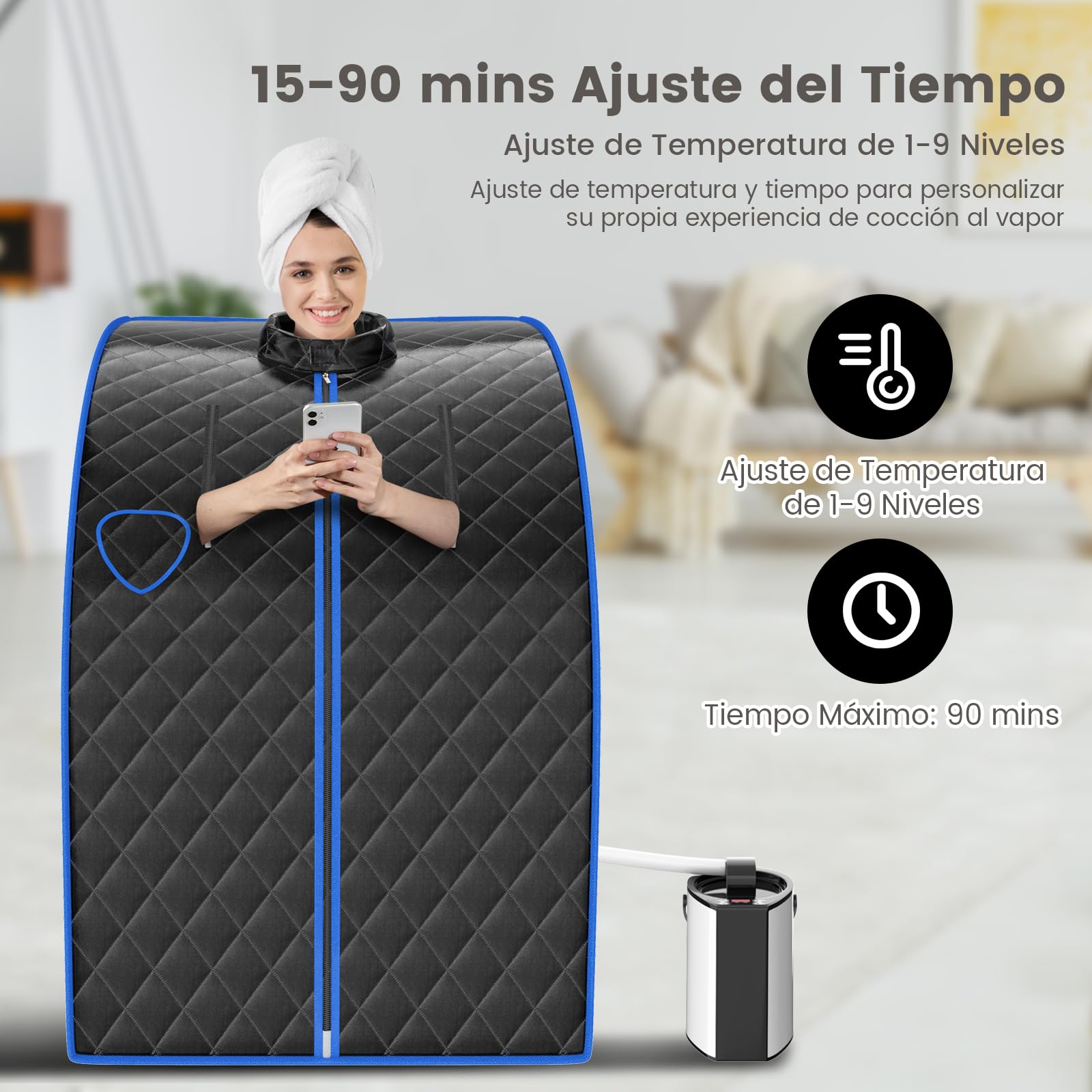 RELAX4LIFE Mini Sauna de Vapor 3L con Temporizador 15-90min y Temperatura Ajustable en 9 Niveles, Sauna Portátil 1000 W con Mando a Distancia y Múltiples Accesorios (Negro)